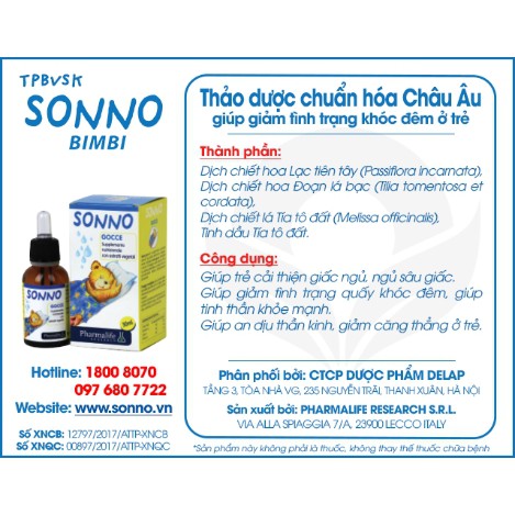 Mebong470 -  Sonno Bimbi - Thảo dược châu âu giúp bé ngủ ngon, dành cho trẻ khó ngủ, ngủ không sâu giấc (Chai 30ml) SU22