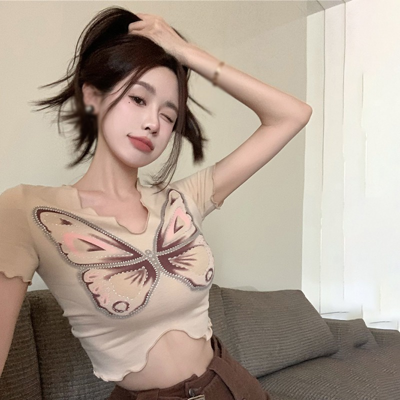Áo Croptop Cổ Chữ V In HìNh BướM GợI CảM