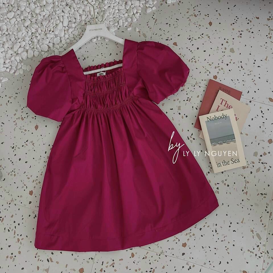 Đầm baby doll mềm mịn tay phồng cổ vuông màu hồng hack tuổi - pink Dress ( Bầu bí bon chen)