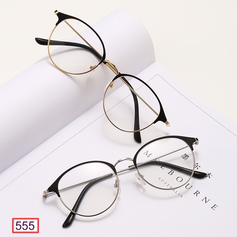 Gọng kính giả cận T555 mắt kính cận tròn nam nữ chất liệu càng kim loại không gỉ