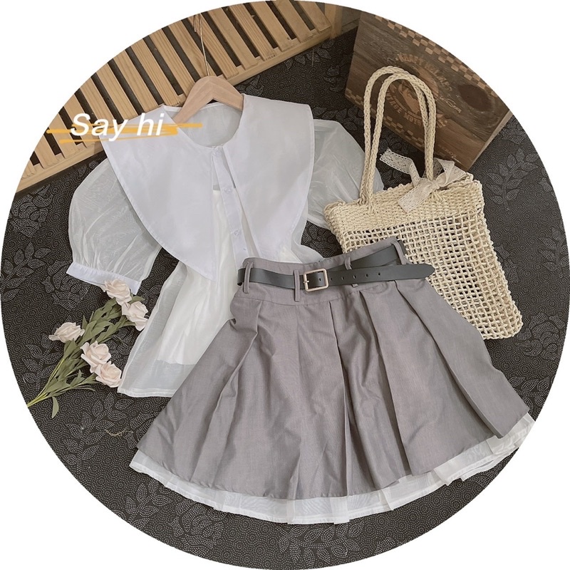 SET ÁO CỔ SEN + CHÂN VÁY TENNIS (4M: áo + áo 2d + chân váy + belt )