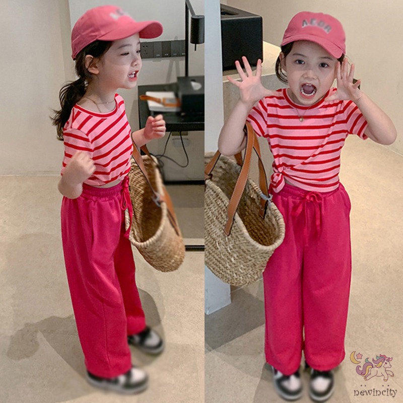 Bộ Đồ 2 Món Áo Tay Ngắn Phối Quần Dài Kiểu Hàn Quốc Thời Trang Mùa Hè Cho Bé Gái