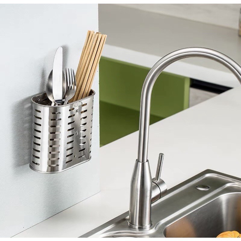 Ống cắm đũa bằng inox hình bầu dục 2 ngăn kèm miếng dán siêu chắc TH