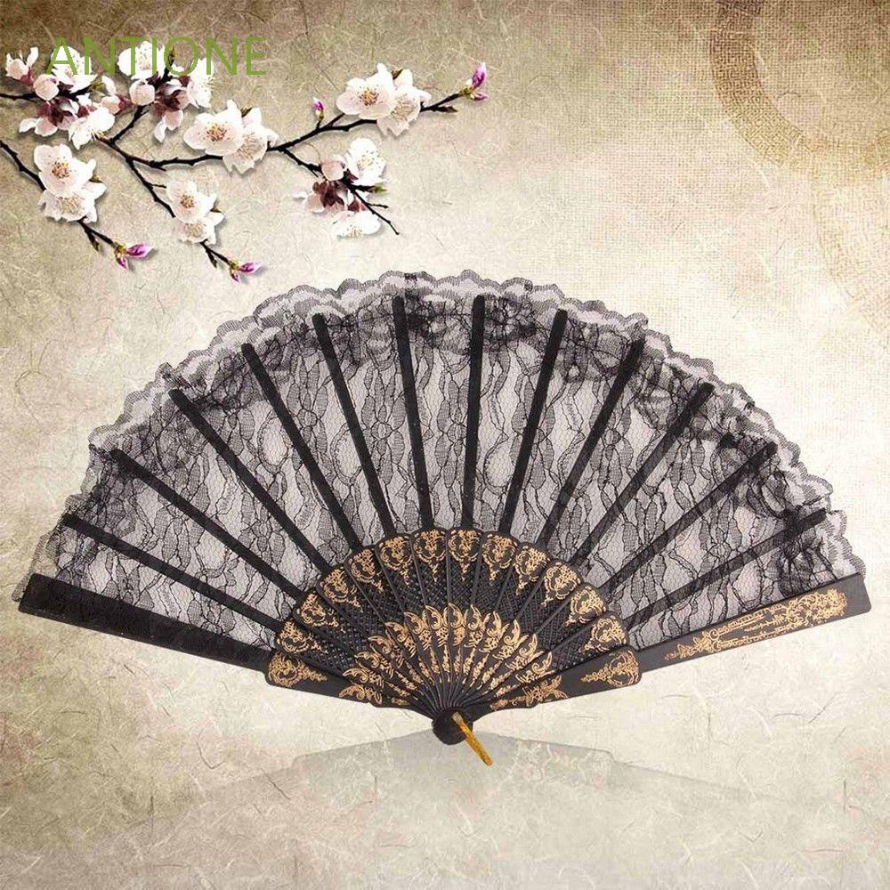 ANTIONE 1pcs Chinese Vintage Black Fancy Dress Folding Lace Hand Fan Bar Dancing New Wedding Hot Sale Costume Party/Multicolor