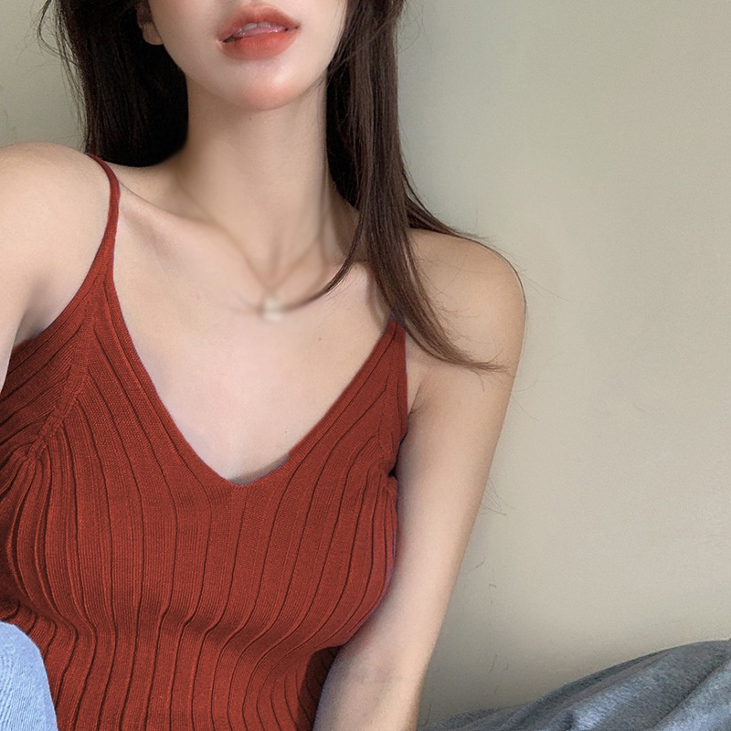 Áo Tank Top Dệt Kim Cổ Chữ V Màu Sắc Đơn Giản Phong Cách Hàn Quốc Cho Nữ | BigBuy360 - bigbuy360.vn