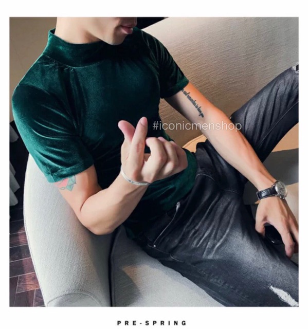 Áo thun nhung nam cổ lọ ngắn tay , xanh Bích