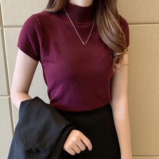 Áo thun dệt kim tay ngắn cổ lọ màu trơn thiết kế trẻ trung thời trang cho nữ