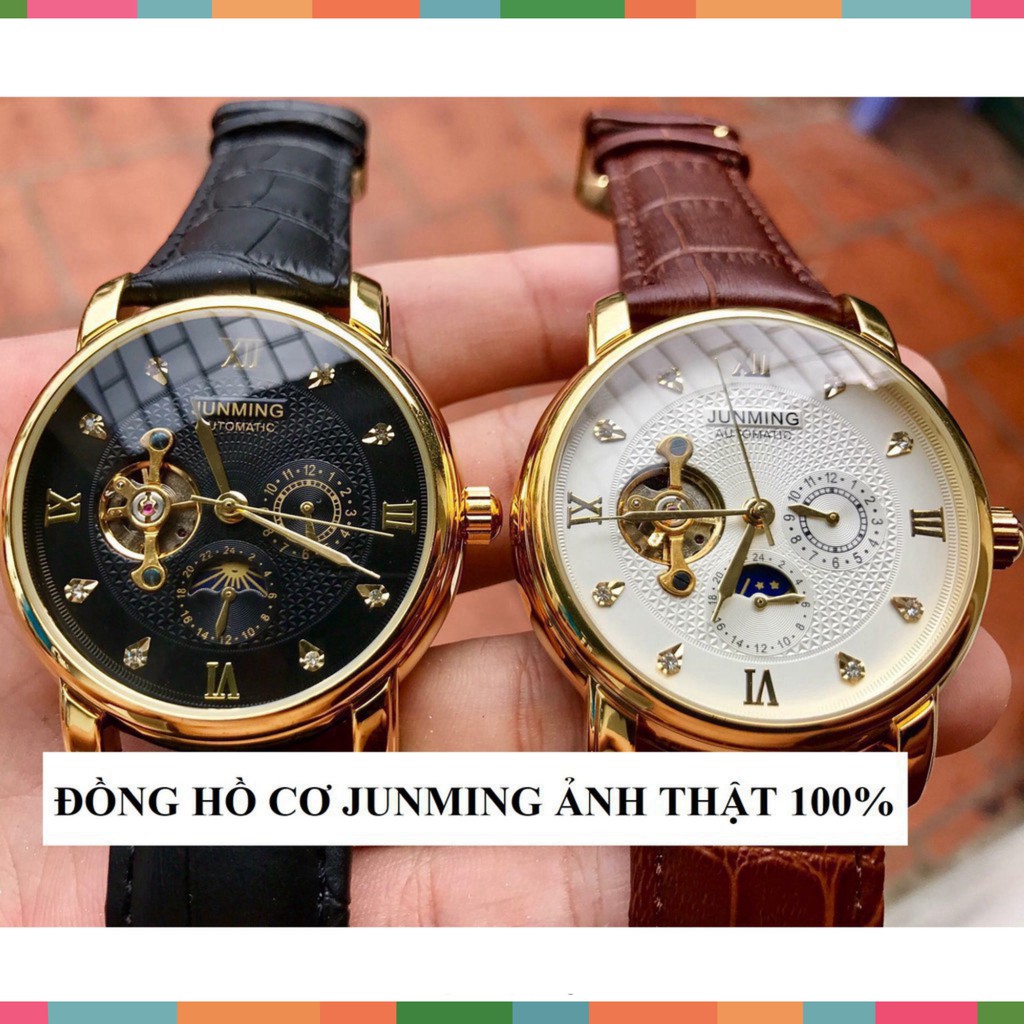 ĐỒNG HỒ CƠ NAM AUTOMATIC CHÍNH HÃNG JUNMING DÂY DA CAO CẤP TẶNG KÈM VÒNG ĐEO TAY TỲ HƯU (ẢNH THẬT 100%)