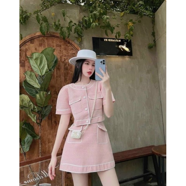 Set áo Hồng túi hộp viền trắng sang chảnh
