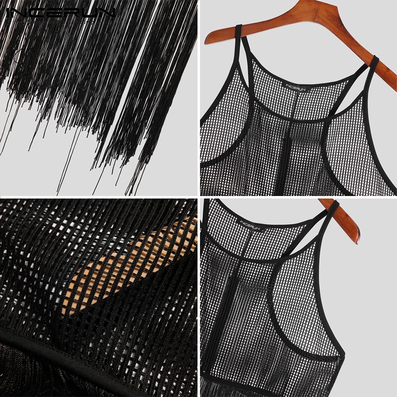 Áo tanktop INCERUN phối tua rua xuyên thấu thời trang quyến rũ dành cho nam