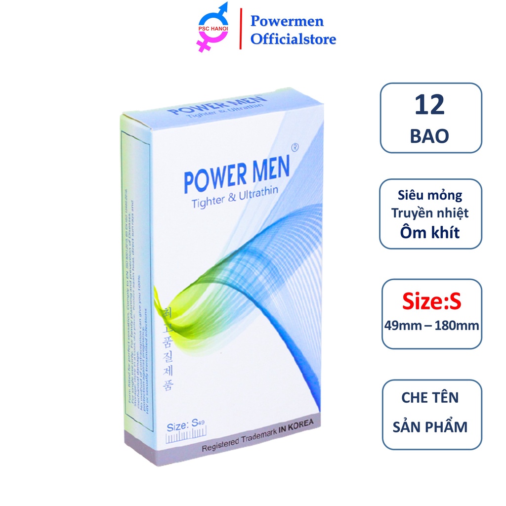 Bao cao su POWER MEN TIGHTER & ULTRATHIN siêu mỏng siêu truyền nhiệt thiết kế ôm sát 3D chống tuột size 49mm hộp 12 cái