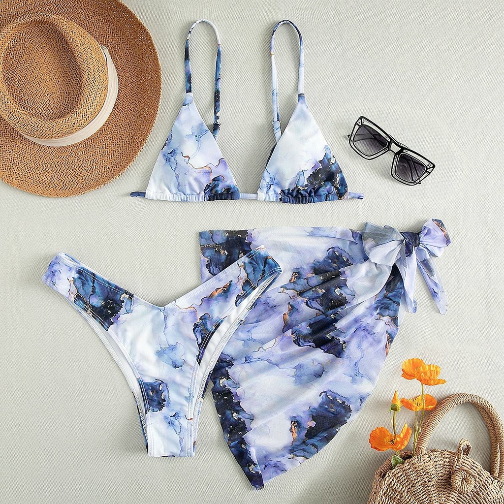 [BKN1454] &lt;ÂU&gt; SET BIKINI 3 MÓN LOANG XANH ĐEN KÈM KHĂN HÔNG
