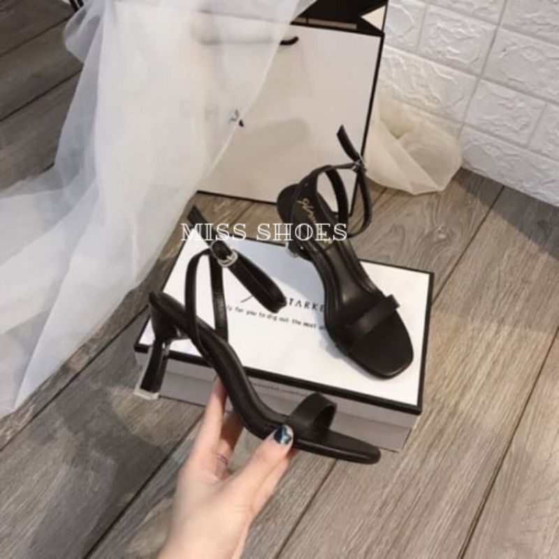Giày Cao Gót 7P , Sandal Nữ quai mảnh màu đen gót lõi sơn cao cấp