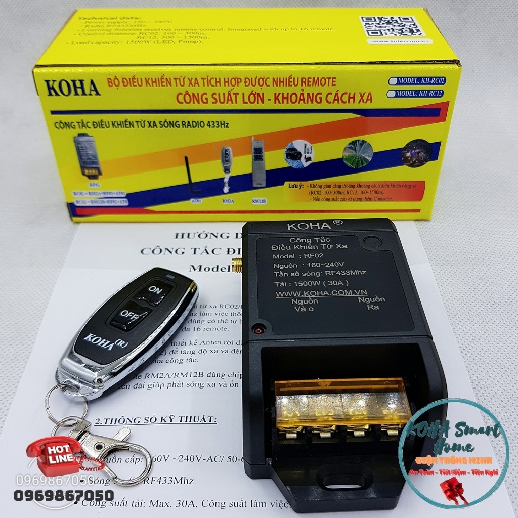 Công tắc điều khiển từ xa RC02/30A/220V/433Mhz chính hãng có angten kèm theo, bật tắt máy bơm, đèn từ xa