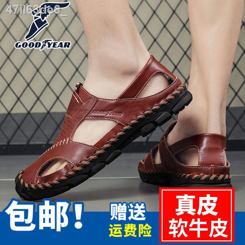 ✸●Dép Goodyear nam 2021 giày đi biển mùa hè mới lỗ xỏ ngón và trong nhà da bò thật chống trơn trượt khử mùi