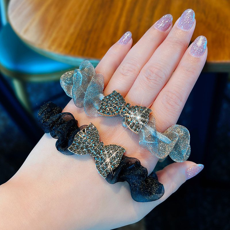 Dây buộc tóc, cột tóc scrunchies đính đá HÌNH NƠ màu trơn Hàn Quốc