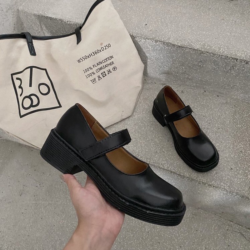 Giày Mary Jane Cao Gót 3Cm Mũi Vuông QUAI DÁN Giày Lolita Đế Cao 2 Màu Đen Trắng Da Cao Cấp MJ02-Molita