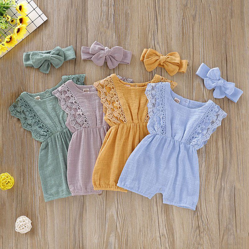 Set áo liền quần phối ren kèm băng đô nơ màu trơn dễ thương cho bé gái