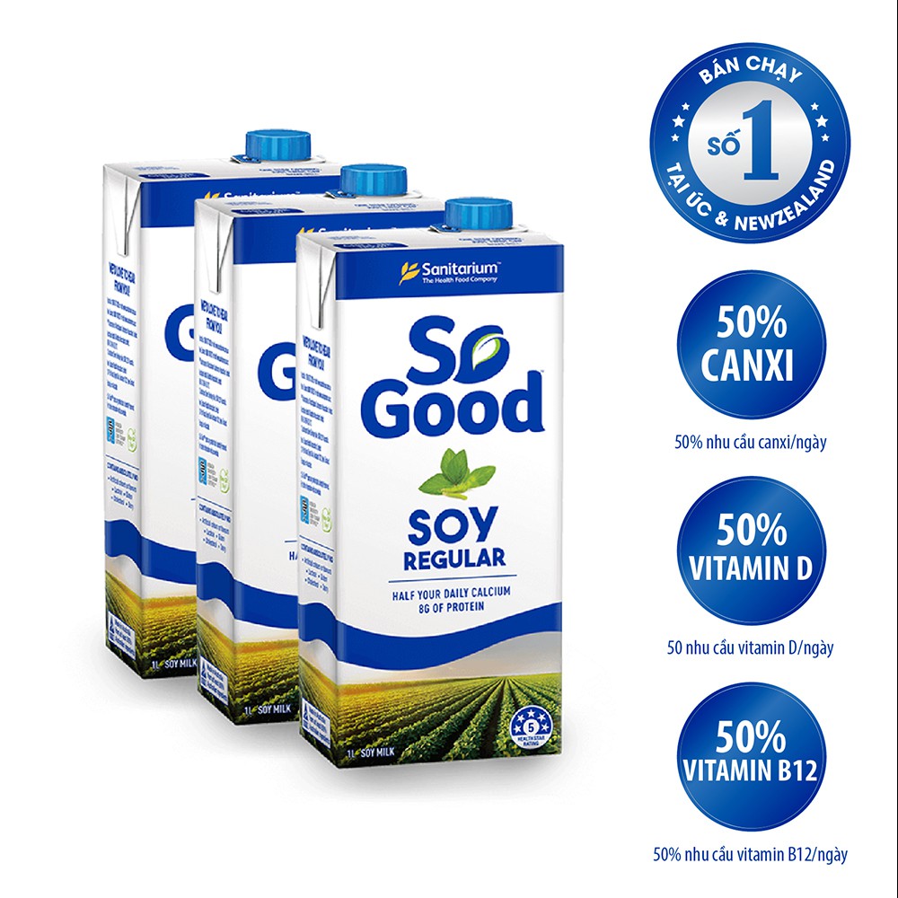 3 hôp sữa đậu nành nguyên chất, ít béo, hương vani So Good Úc 1L, calo thấp, phù hợp mẹ bầu - Sữa Thực Vật | CoopMart