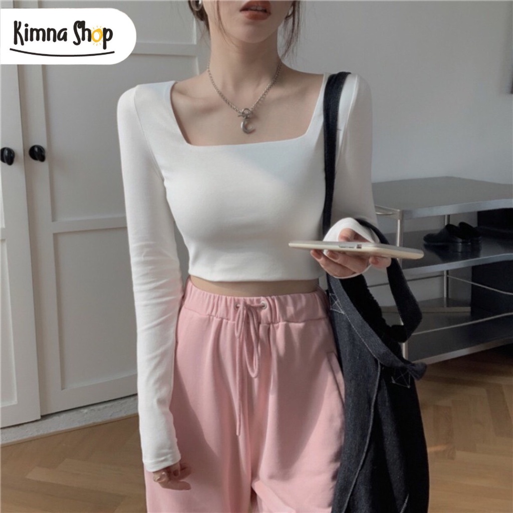 Áo Croptop Tay Dài Cổ Vuông - Áo Thun Crotop Ôm Body