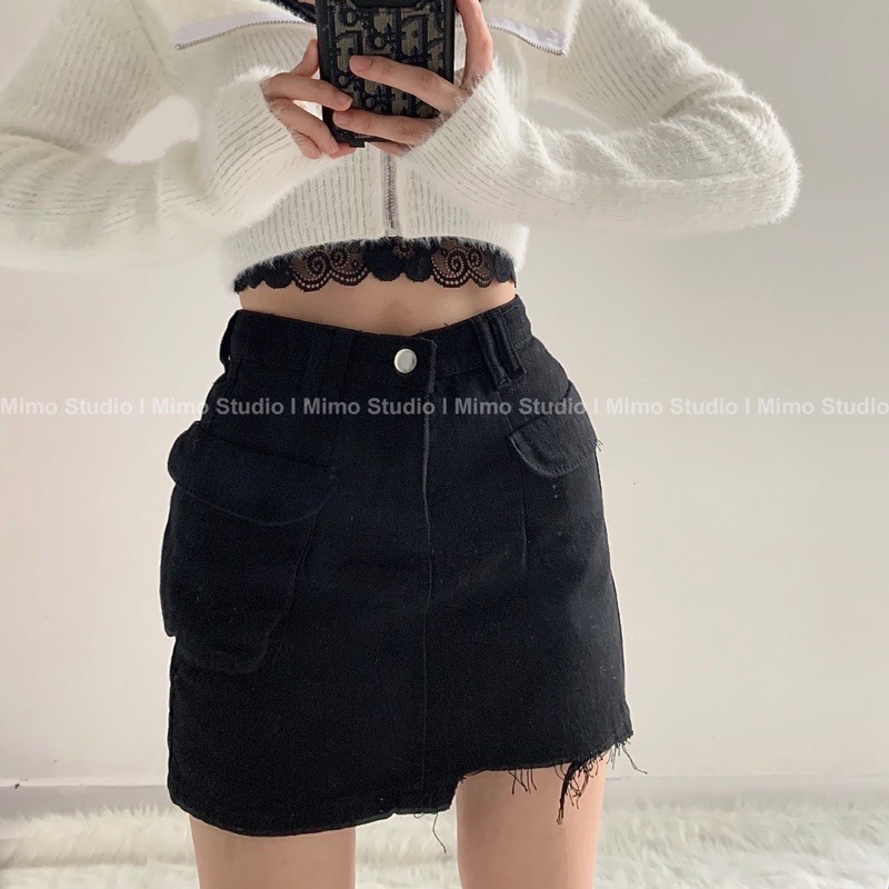 ÁO LEN TRỄ VAI- VÁY JEAN ĐEN