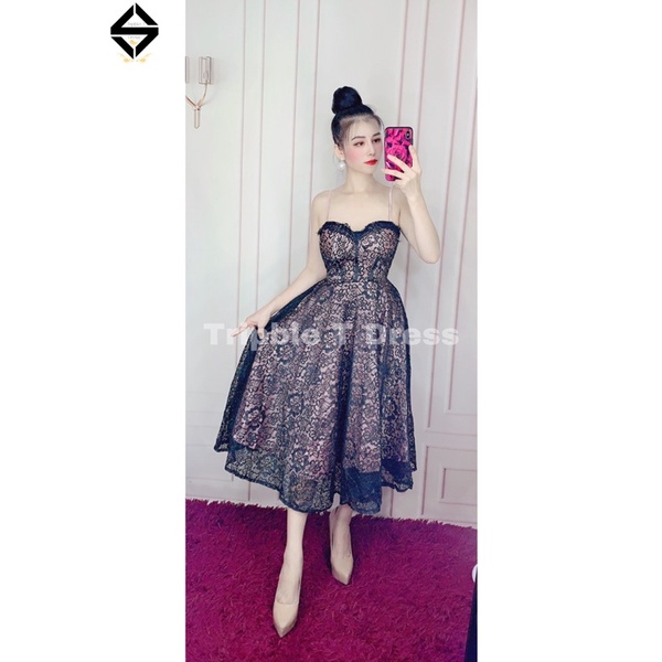 Đầm xoè 2 dây ren phối màu lót trong siêu xinh TRIPBLE T DRESS - size M/L - MS384V