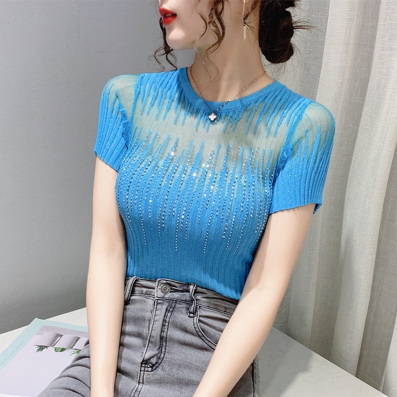 Áo lưới nữ áo thun tay ngắn nữ Đính Đá Thời Trang Mùa Hè