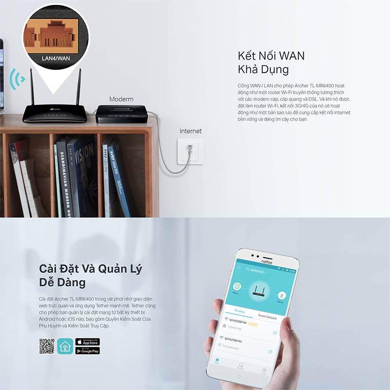 Cục phát wifi từ sim 4G TP-Link TL- MR6400 bộ phát wifi không dây LTE N 300Mbps - Hàng Chính Hãng