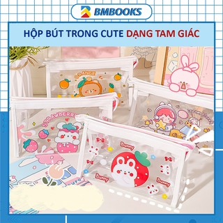 Hộp bút trong suốt cute đa năng có quai treo dạng tam giác viền trắng có quai treo đựng vừa máy tính BMBooks
