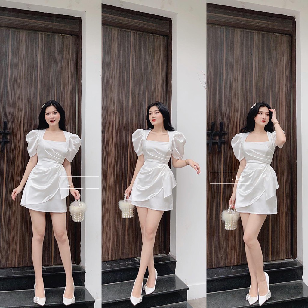 Đầm Dự Tiêc xinh tay ngắn bổng cổ vuông nhún eo nơ nữ tính - NV37