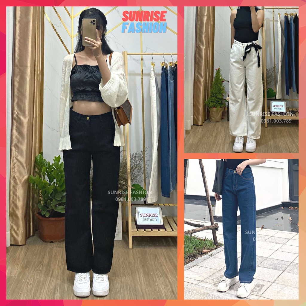 Quần jean nữ ống rộng cạp cao, quần bò nữ lưng cao ống đứng Sunrise Fashion S816