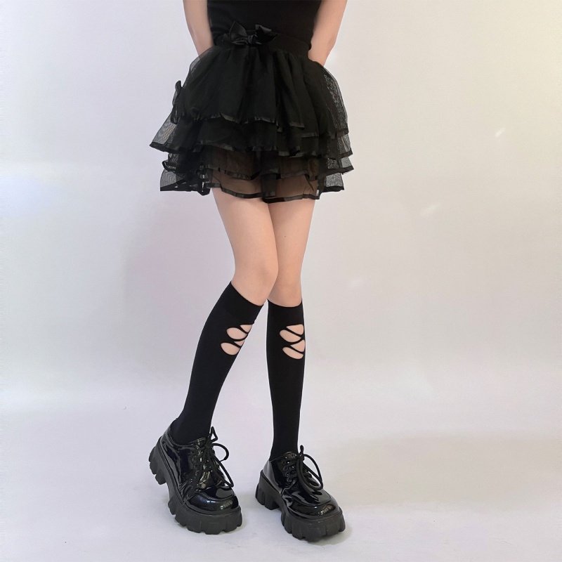 Xixi Vớ Cao Đến Đầu Gối Màu Đen Thiết Kế Rách Phong Cách Lolita Gothic Cho Nữ