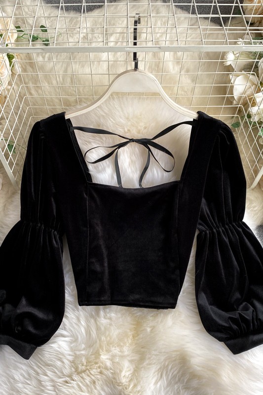 Áo nhung cổ vuông croptop tay bồng áo croptop