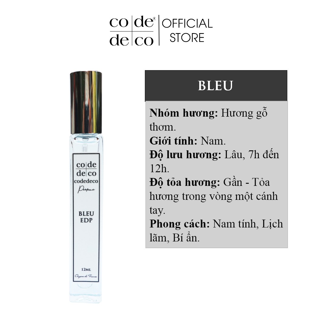 [Mã SKAMLTSM9 giảm 10% đơn 99K] Tinh Dầu Nước Hoa Dạng Xịt Code Deco Bleu 12ml, Nam Tính, Lịch Lãm, Bí Ẩn