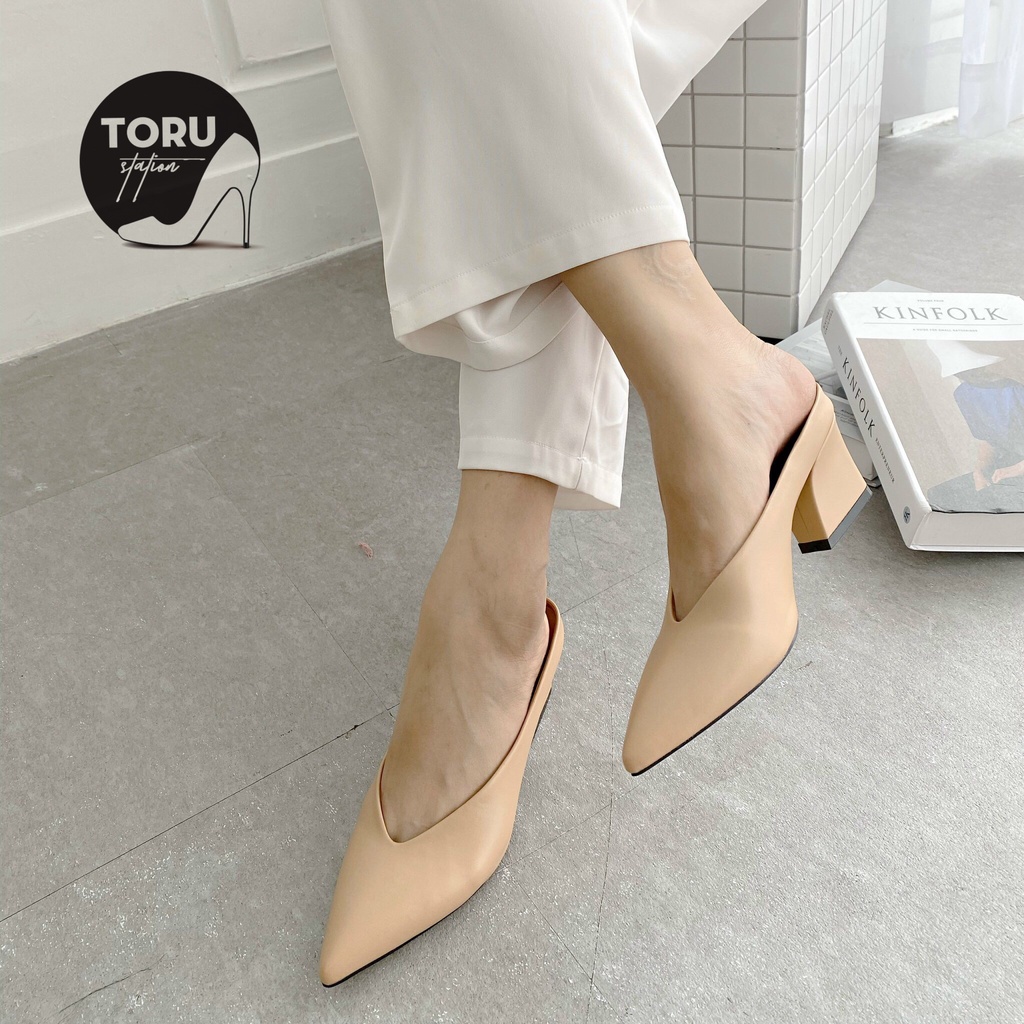 Giày sục guốc nữ bít mũi tim gót trụ 5cm thanh lịch, tôn dáng