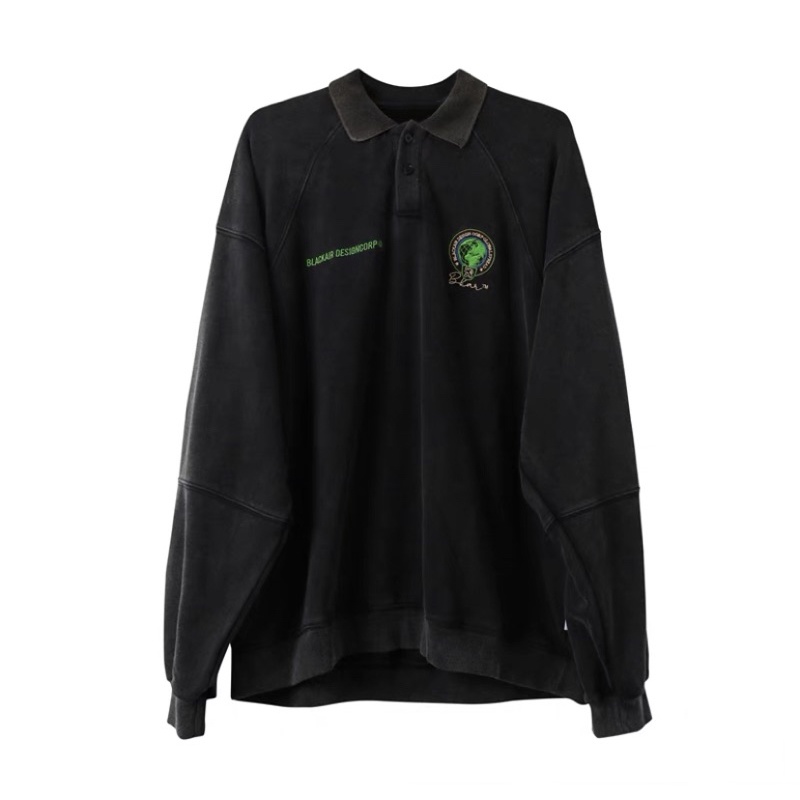 Áo nỉ polo sweater Rockboiz màu đen wash