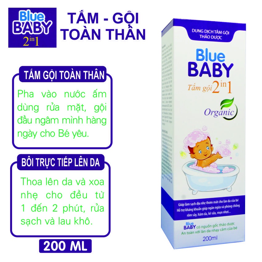 Blue Baby 2 in 1-Dung dịch tắm gội 2 trong 1, tắm gội cho trẻ em ngăn ngừa rôm sảy, vảy da đầu, lông măng. Tặng quà 39K