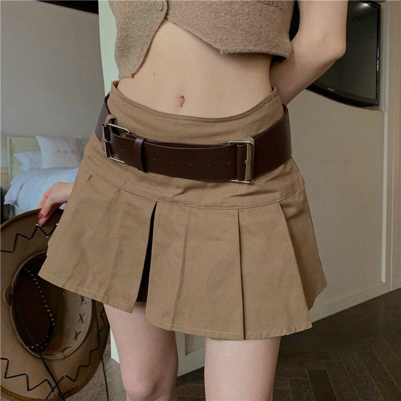 [ORDER TAOBAO] SET ÁO CROPTOP 2 DÂY, CHÂN VÁY NGẮN XẾP LY VINTAGE NÂU BE KAKI KÈM THẮT LƯNG (ẢNH THẬT LÊ BỐNG MẶC Ở CUỐI