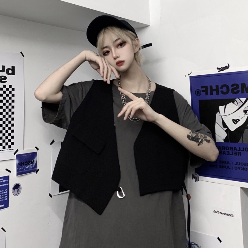 Áo vest mini không tay ngắn phong cách Harajuku độ dài không cân bằng