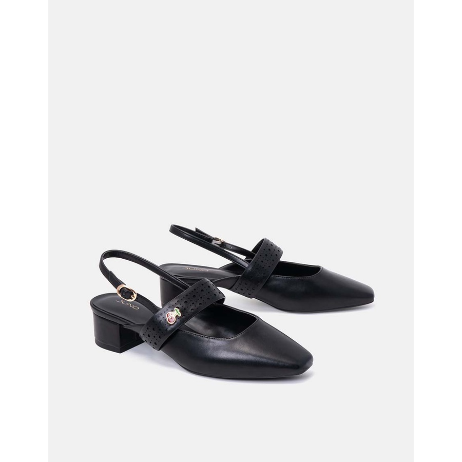 Giày Cao Gót Mũi Vuông 5cm JUNO Da Trơn Quai Lazer Charm Trái Cây Thời Trang CG05118