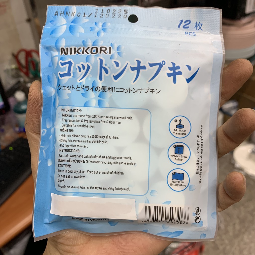Túi khăn giấy nén khử trùng Nikkori (12 viên)