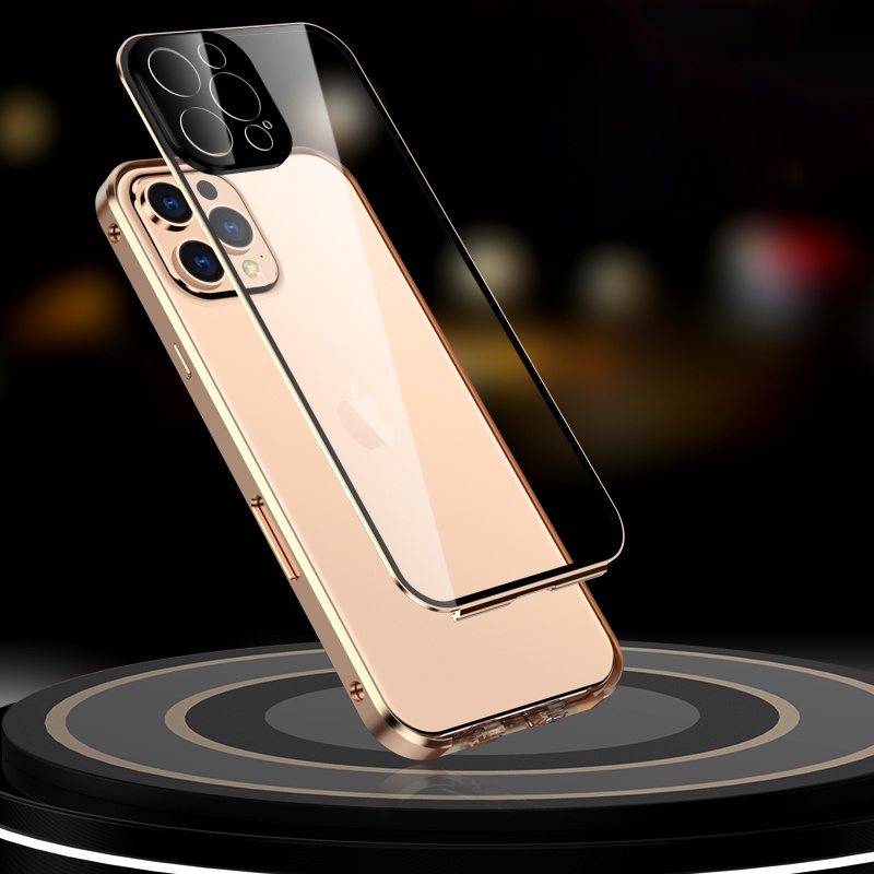 Ốp điện thoại mặt kính cường lực phối kim loại 360 độ thích hợp cho Iphone 12 Pro Max 11 Xs Xr 8 7 Plus + Se 2020