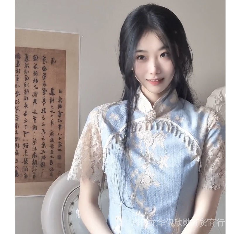 Sườn Xám Xanh Dương Eclipse Dáng Dài Tay Ngắn Phong Cách Trẻ Trung Thời Trang Mùa Hè 2022