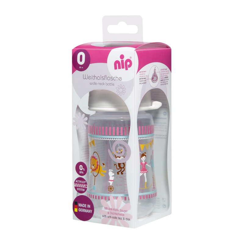 Bình sữa NIP PP cổ rộng, núm ti chỉnh nha, chống sặc, chất liệu silicon (260ml)