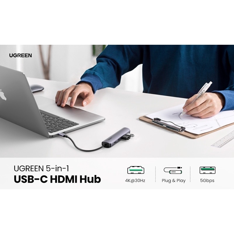 Cáp Chuyển Hub Ugreen 5 in 1 Type C Ra 4 USB3.0 + HDMI Vỏ Nhôm Ultra Slim