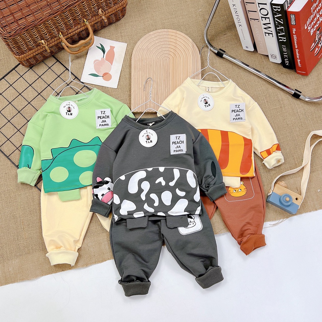 Bộ nỉ dài tay in hình thú cho bé size từ 10-20kg, bộ quần áo nỉ Monkey shop