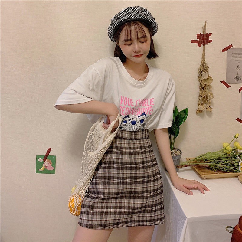 Korean fashion high-waisted plaid short skirt for women