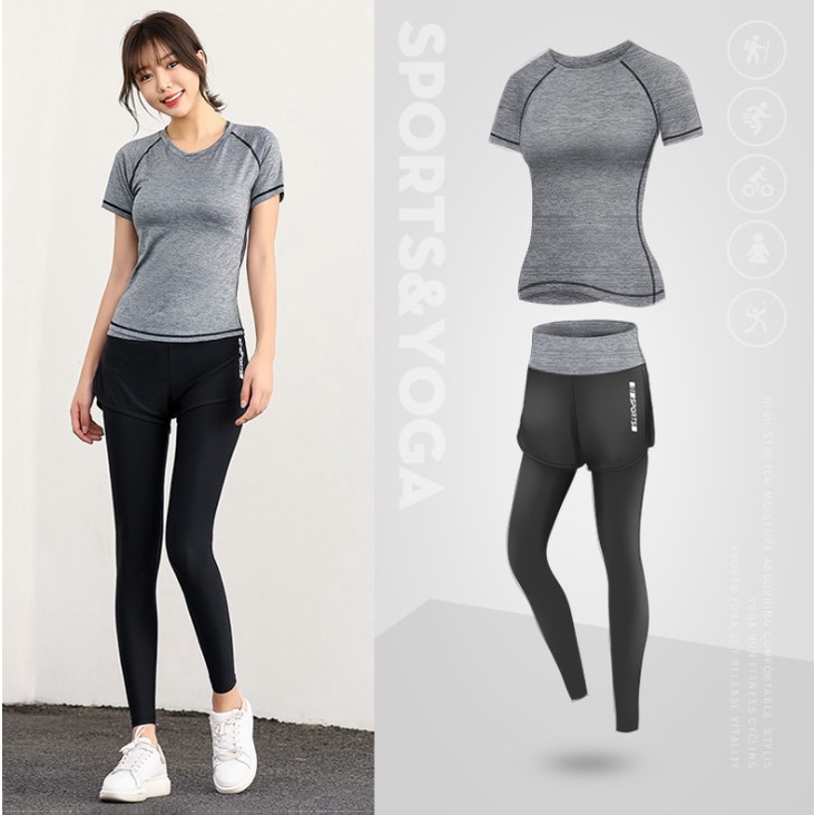 Bộ Đồ Tập GYM Yoga Nữ 💖 𝑭𝑹𝑬𝑬𝑺𝑯𝑰𝑷 💖 Set tập 2 Món Thun Lạnh Áo Thun & Quần Legging 2 Lớp, Set Quần Áo Thể Thao Nữ