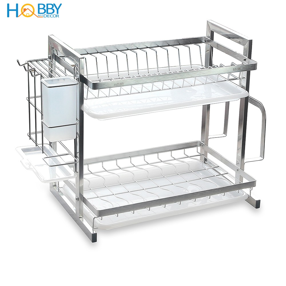 Kệ chén đa năng 2 tầng inox 304 Hobby Home Decor KC2T có khay hứng nước, ống đũa, giá treo thớt