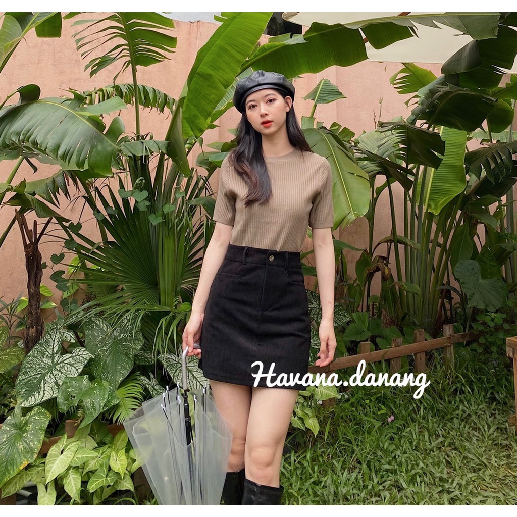 Chân váy nhung chữ A hai túi có kèm lót quần bên trong, chất nhung tăm dày dặn AE65